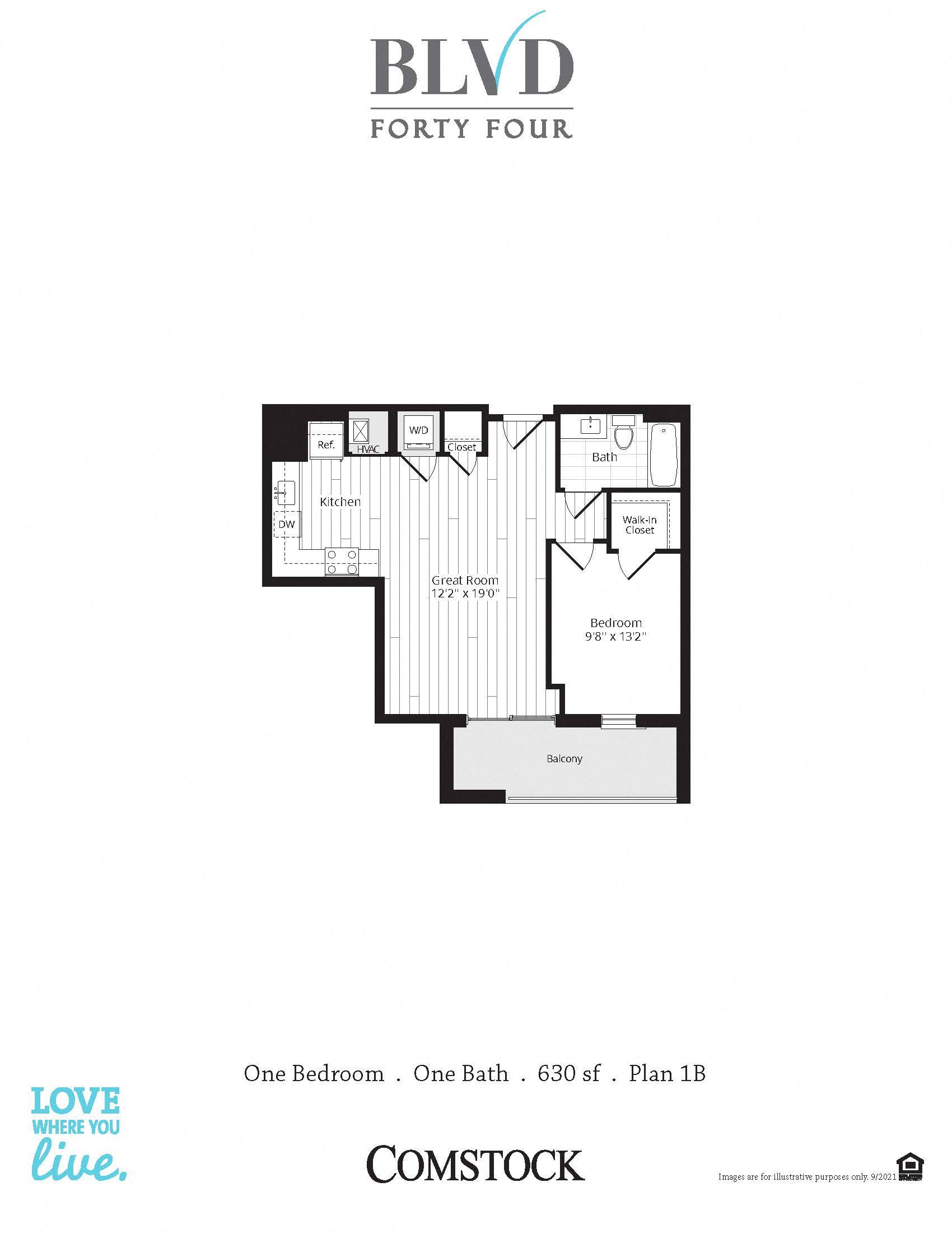 Floor plan for 1 bed, 1 bath, 630 sqft